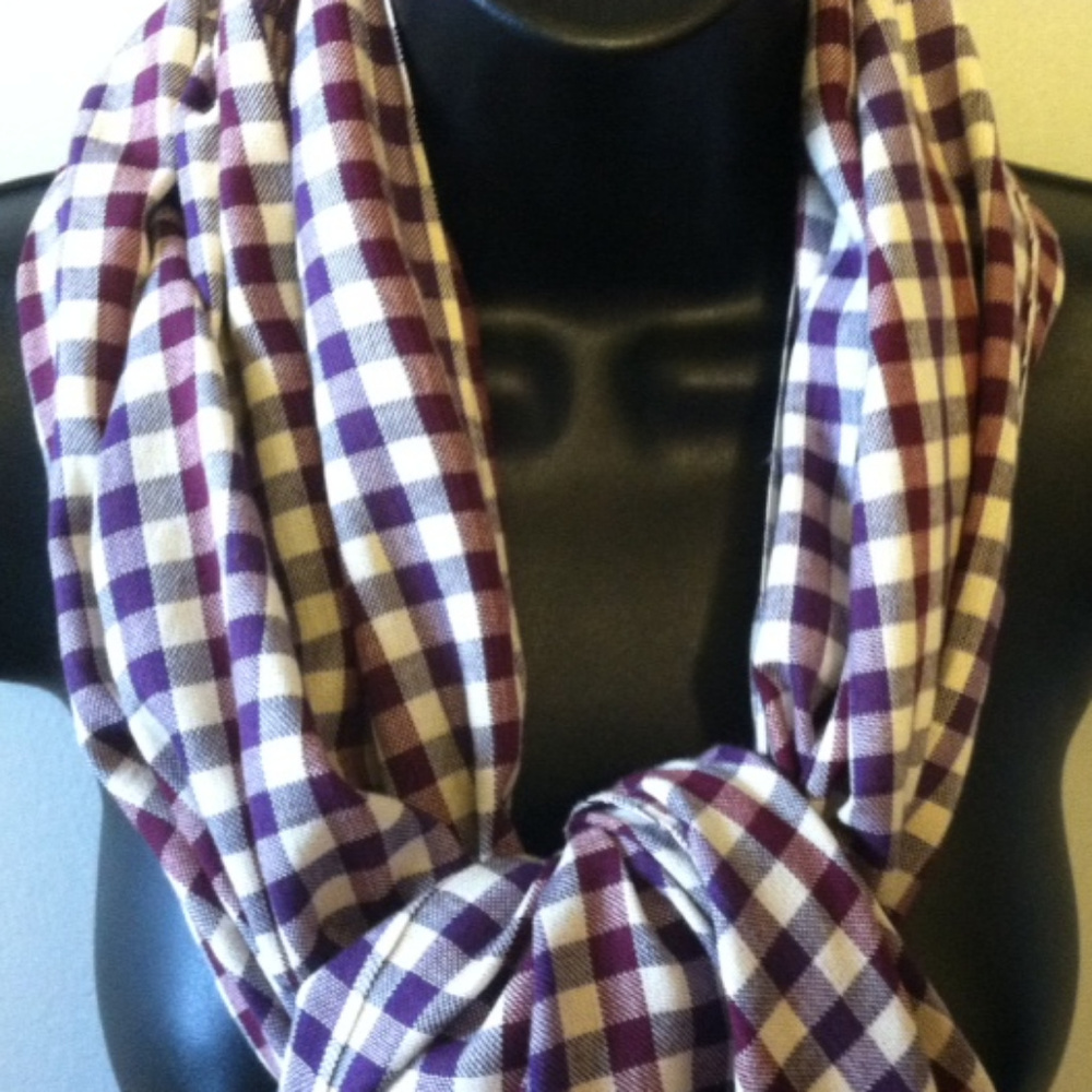 Large Gingham Scarf Wrap Cream Purple Plum - Picture 2 of 3